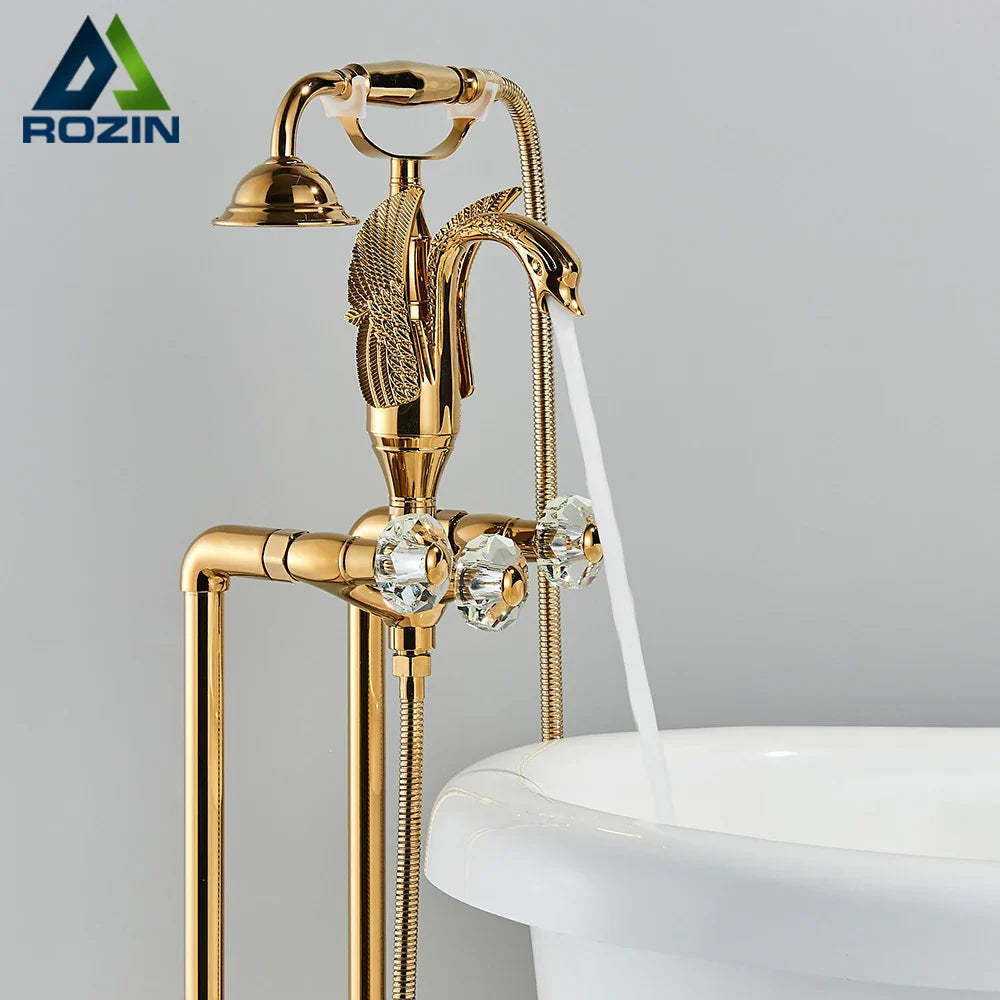 Afralia™ Golden Bird Freestanding Bathtub Faucet with Dual Crystal Handles