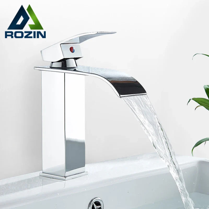 Afralia™ Waterfall Basin Faucet Chrome/Black Brass Mixer Tap for Bathroom Sink