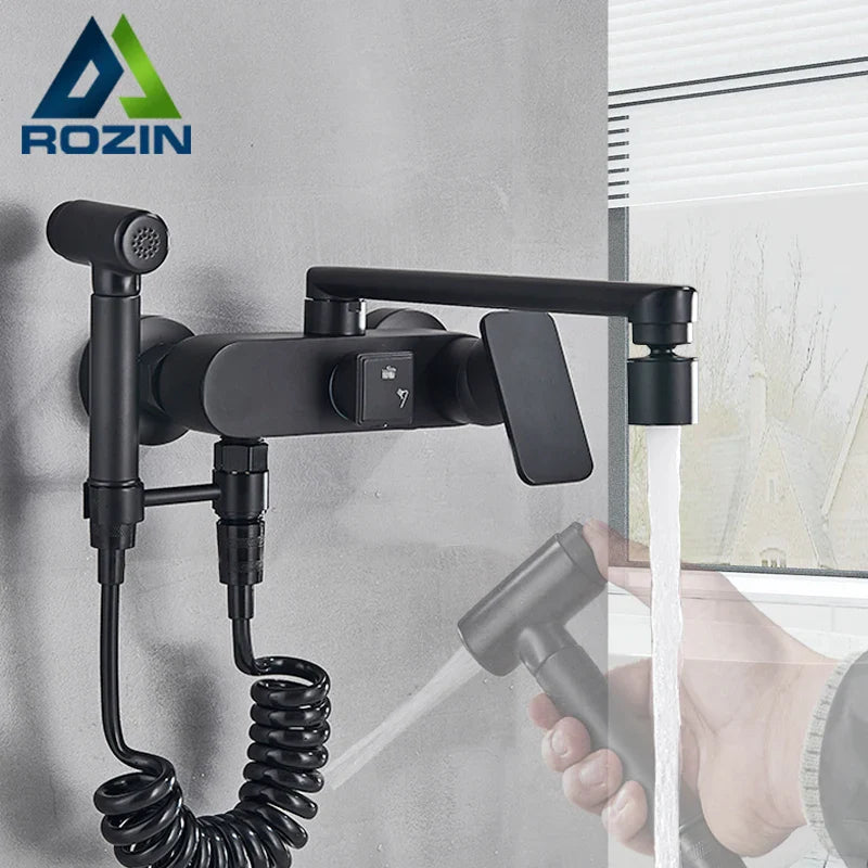 Afralia™ Matte Black Kitchen Faucet with Bidet, Swivel Spout Crane - Hot Cold Mixer Taps