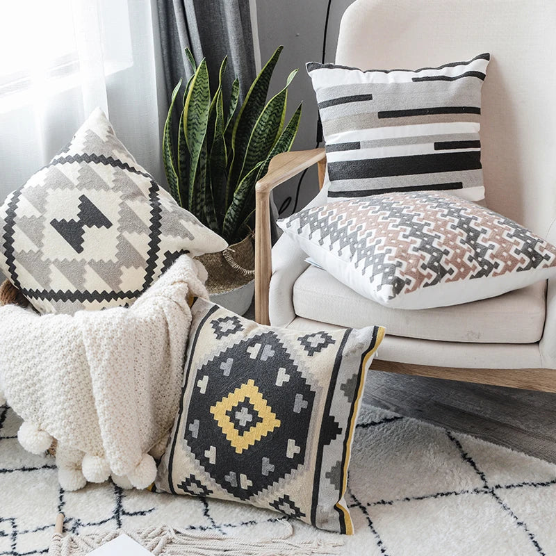 Afralia™ Grey Embroidered Cotton Pillow Cover 45x45cm for Home Decor and Living Room