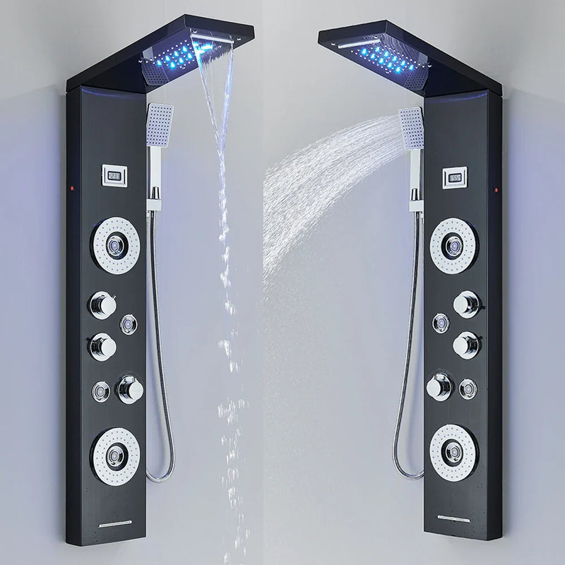 Afralia™ Black LED Waterfall Rain Shower Panel Faucet Set with Massage Jets