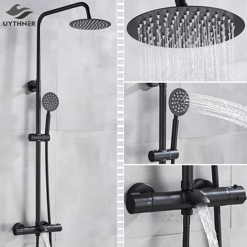 Afralia™ Chrome Thermostatic Shower Set with Rain Shower Head