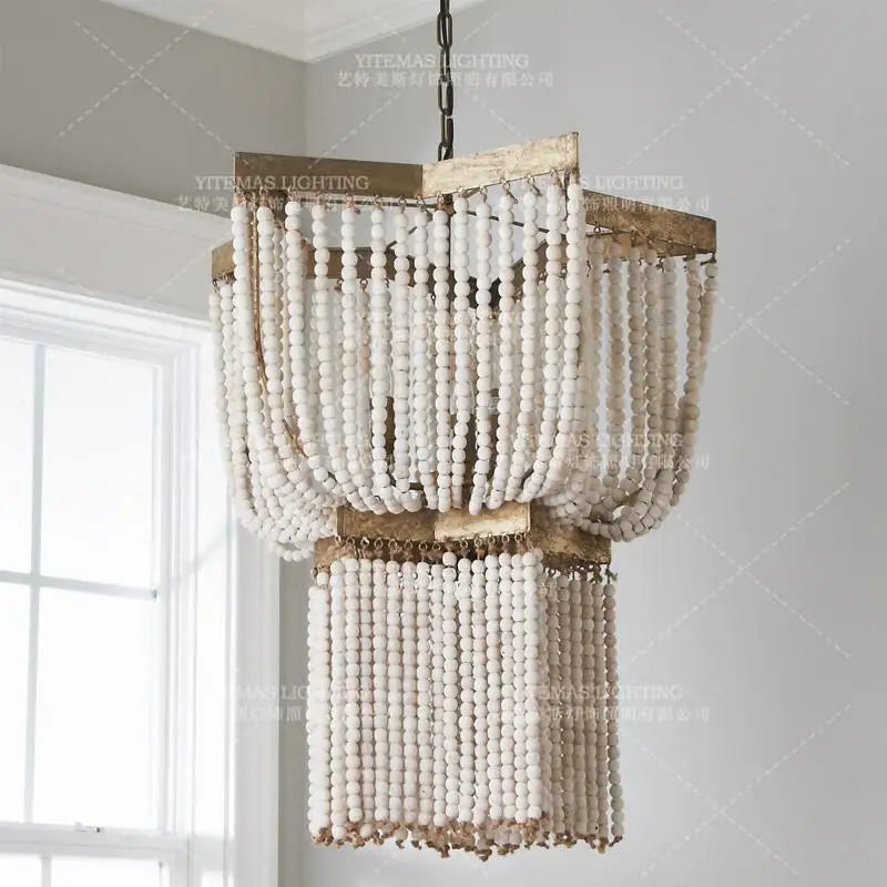 Afralia™ Wood Beaded Chandelier Fringe Lighting Vintage Nordic Antique Large Kitchen Farmhouse