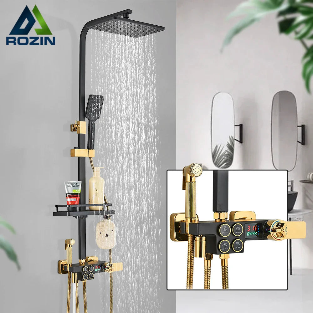 Afralia™ Brass LCD Thermostatic Mixer Shower Set with Bidet and Tub Spout