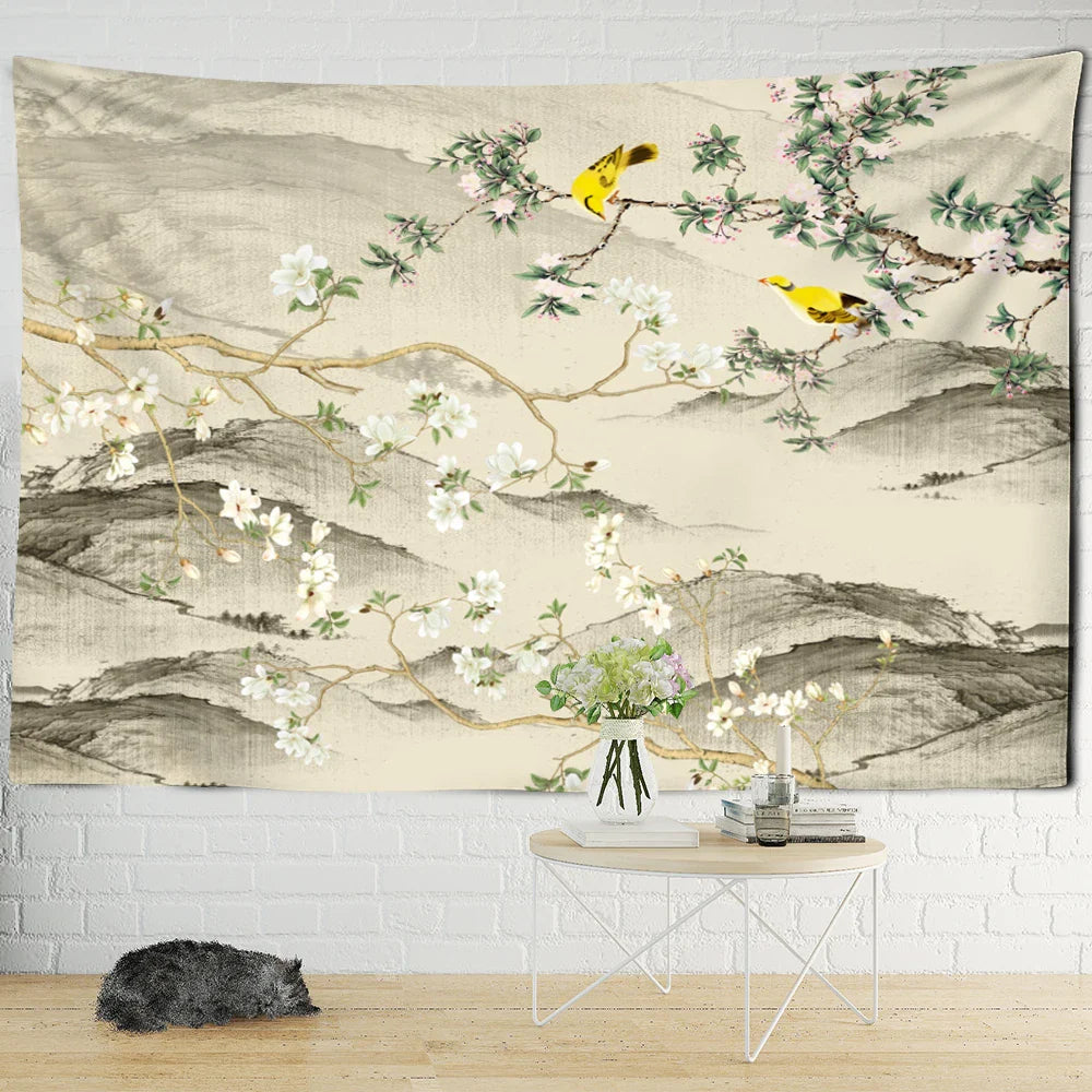 Afralia™ Flower Bird Print Bohemian Wall Tapestry Plum Blossom Art Carpet