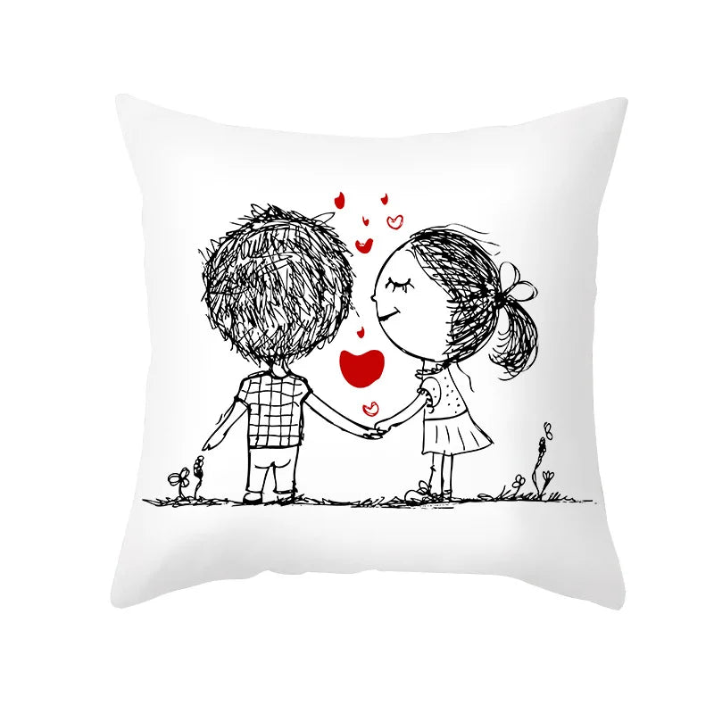 Afralia™ Love Heart Sketch Couple Pillow Cover 45X45CM Peah Skin Print