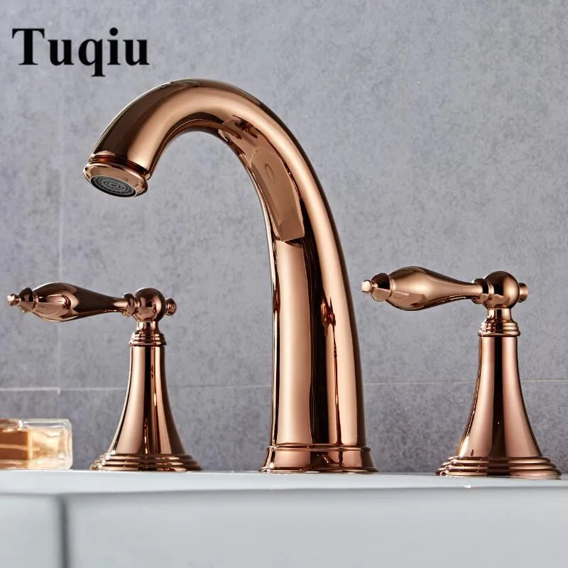 Afralia™ Rose Gold Basin Faucet Luxury Brass Widespread Mixer Hot Cold Tap