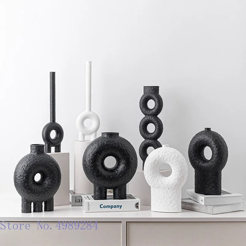 Afralia™ Ceramic Circle Vase Black White Texture Abstract Floral Modern Home Decor