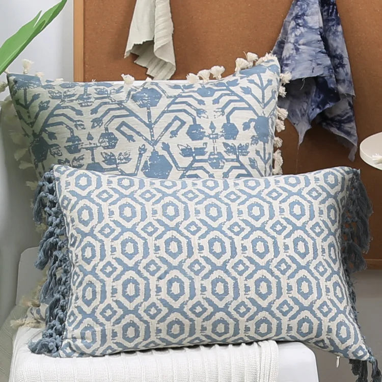 Afralia™ Blue Tassel Cushion Cover 45x45cm/30x50cm for Home Decor, Boho Style Vintage Pillow