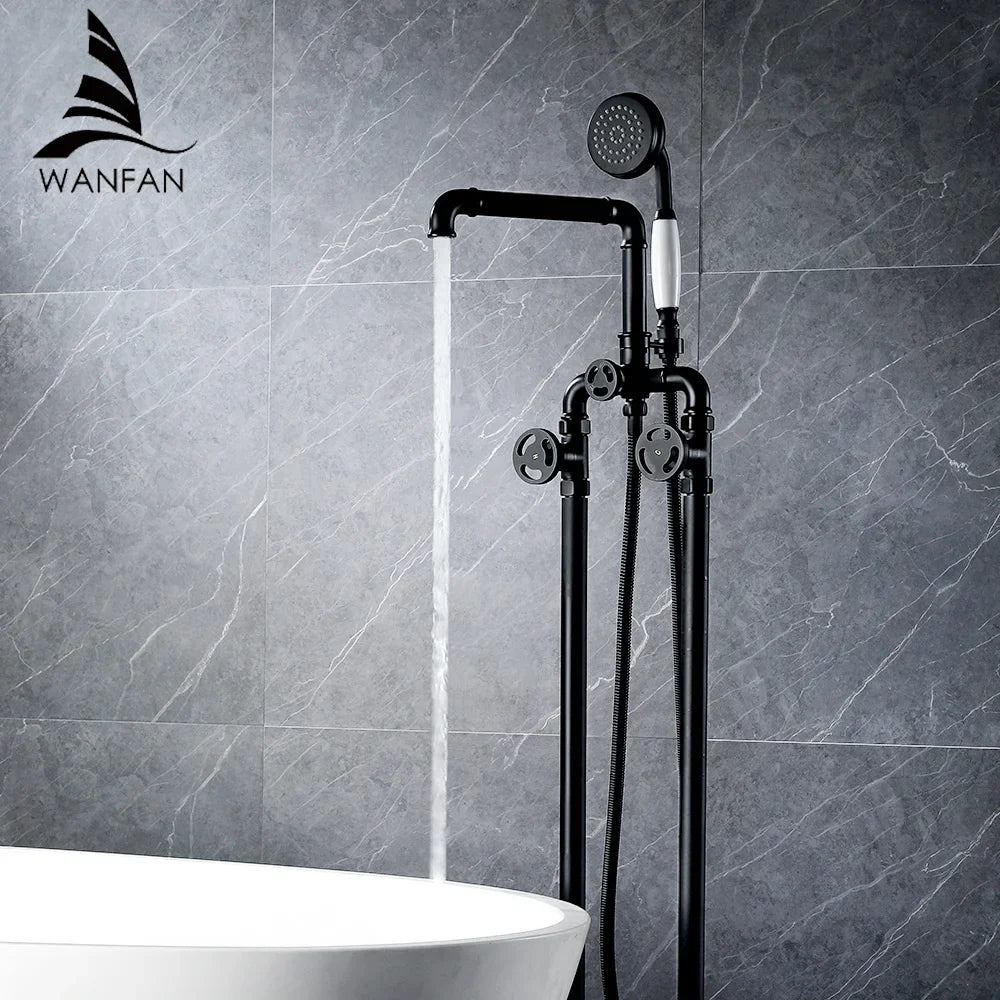 Afralia™ Industrial Black Floor Standing Dual Handle Bathroom Shower Faucet