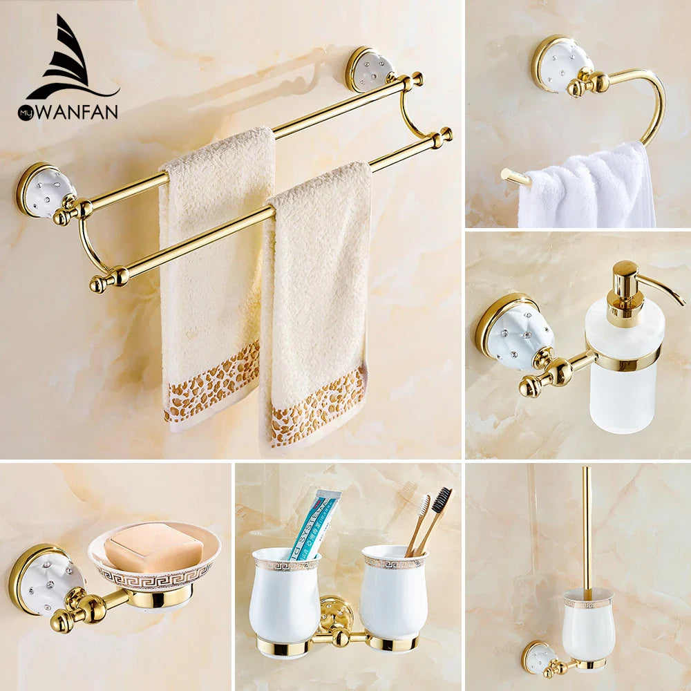 Afralia™ Golden Bath Hardware Set: TP Holder, Towel Rack, Tissue Holder, Cup Holder, Robe Hook