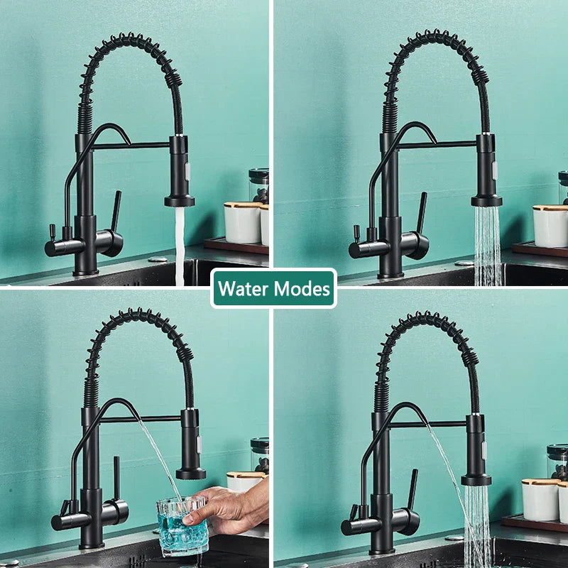 Afralia™ Black Pull Down Pure Water Kitchen Faucet Swivel Hot Cold Water Taps