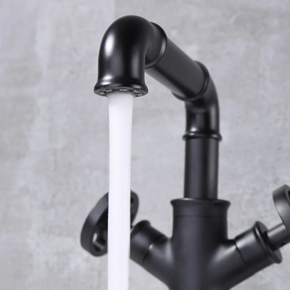 Afralia™ Matte Black Brass Bathroom Faucet Dual Handles Retro Industrial Style