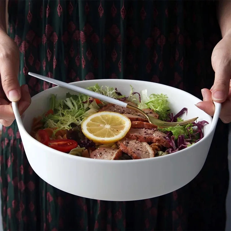 Afralia™ Ceramic Double Handle Salad Bowl | Deep Porcelain Serving Dish