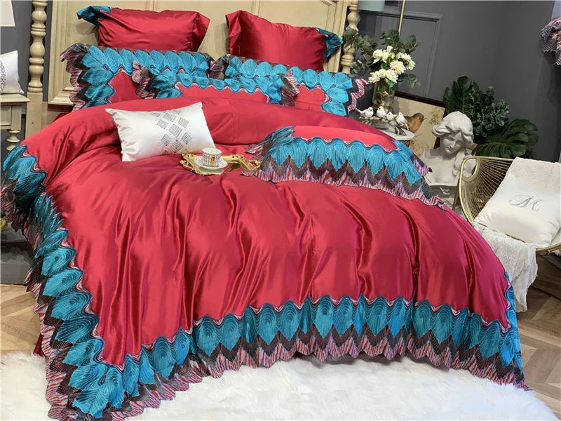 Afralia™ Red 1000TC Egyptian Cotton Lace Bedding Set - Duvet Cover & Pillowcases
