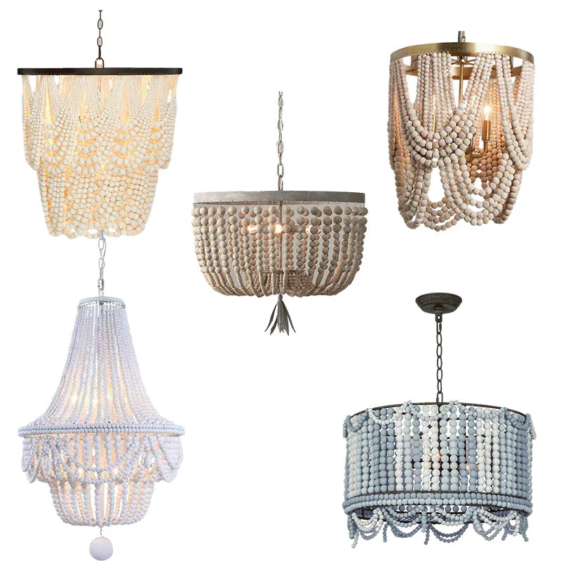 Afralia™ White Wooden Bead Chandelier: Vintage Large Wood Chandelier for Bedroom, Kitchen, Living Room