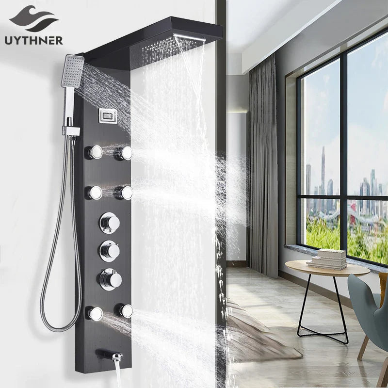 Afralia™ Thermostatic Mixer Shower Panel with Rainfall Waterfall Massage Jets - Shower Faucet Tower