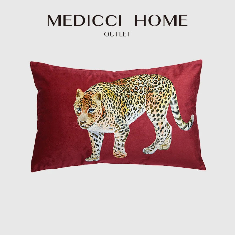 Afralia™ Red Velvet Textured Leopard Print Luxury Lumbar Pillow Case 35x55cm