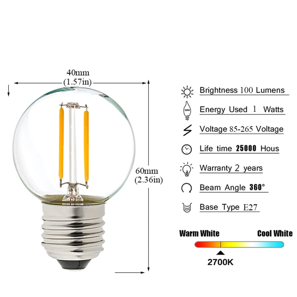 Afralia™ LED String Lights Retro Edison E27 Bulbs 2PCS G40 1W Warm White 2700K