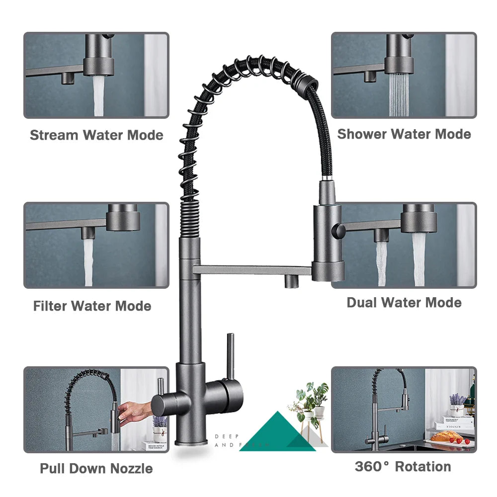 Afralia™ Gun Grey Filter Kitchen Faucet with Pull Down Spring & 3-Way Function