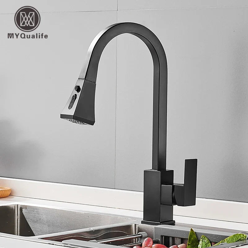 Afralia™ Black Kitchen Faucet Pull Out Mixer Square Single Handle Deck Mounted Tap