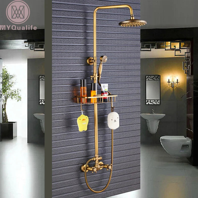 Afralia™ Brass Shower Faucet Mixer Set with 8" Rainfall Head, Storage Shelf, and Hooks