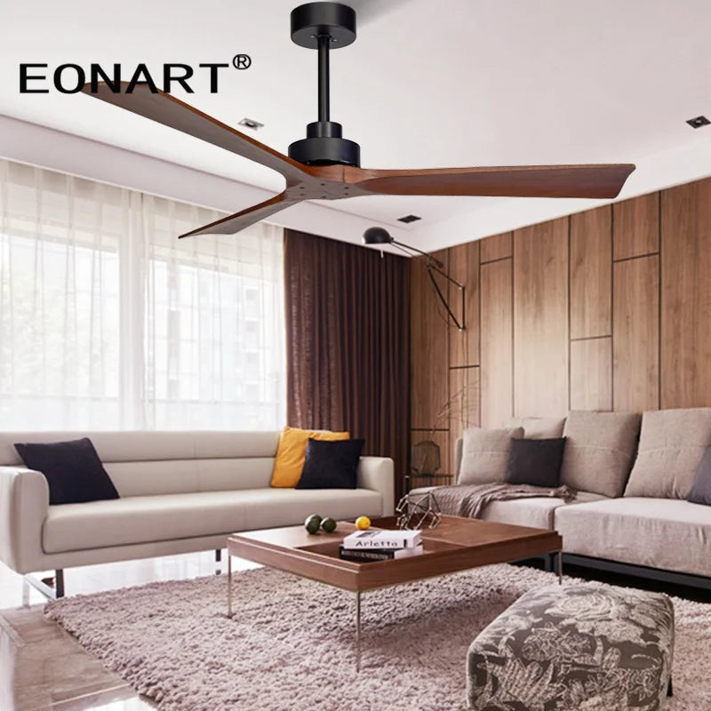 Afralia™ Black Wooden Ceiling Fan Modern Solidwood Remote Control 52" No Light