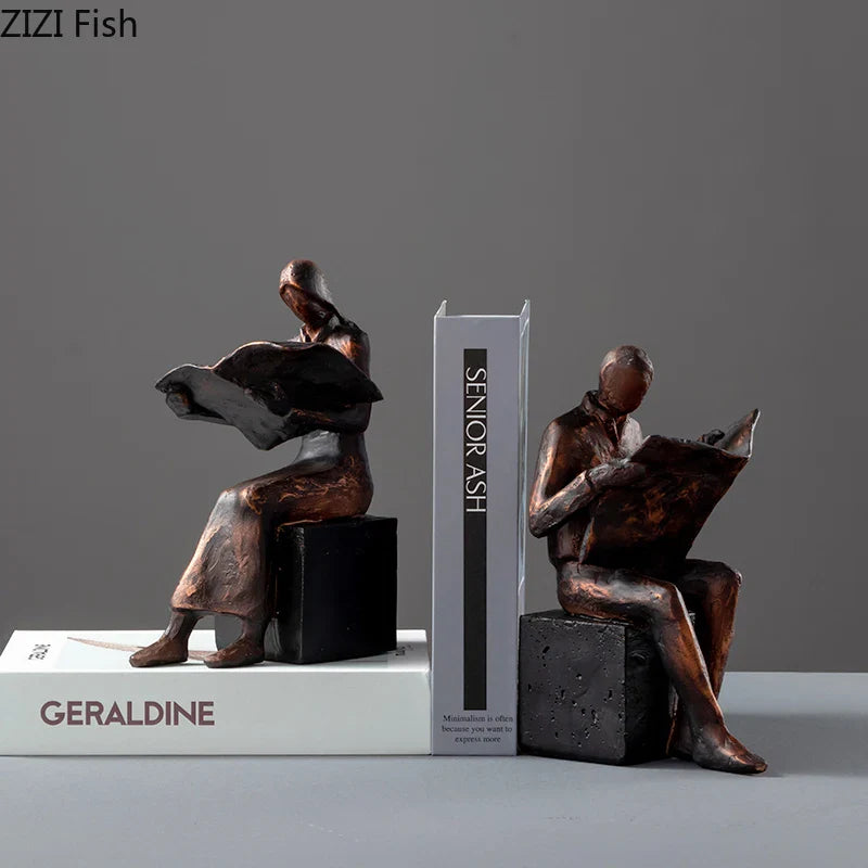 Afralia™ Abstract Figure Sculpture Bookend Resin Statue Desk Decoration Bookshelf Statuette