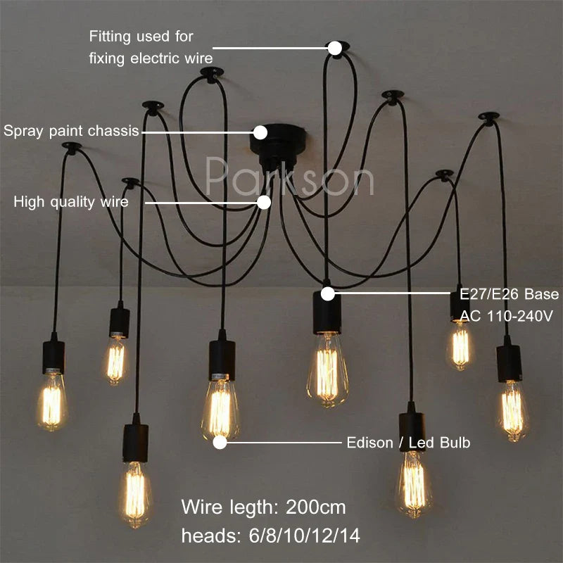 Afralia™ Nordic Retro Spider Pendant Lights LED Edison Bulb Vintage Lamps