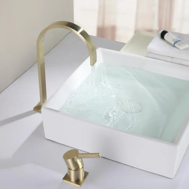 Afralia™ Brushed Gold Basin Faucet: 360 Rotating Two Hole Widespread Bathroom Sink Tap