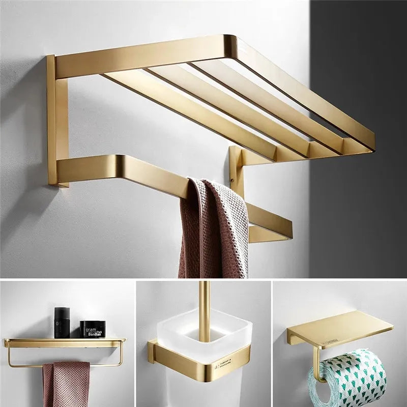 Afralia™ Brushed Gold Bathroom Hardware Set: Towel Rack, Corner Shelf, Paper Holder, Hook, Toilet Brush Holder