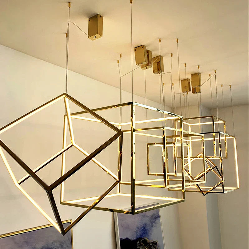 Afralia™ Luxury Golden Square LED Chandelier | Modern Art Design for Living Room Lobby