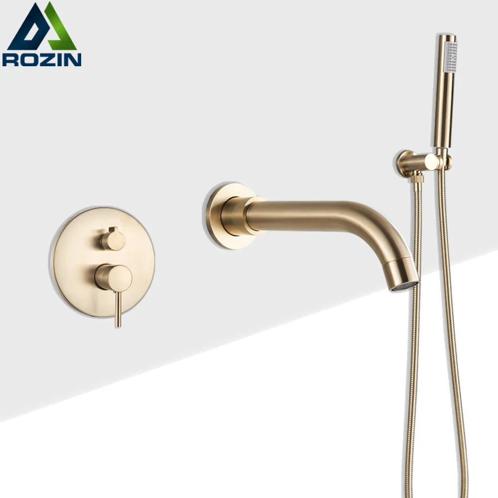 Afralia™ Golden Bathtub Faucet with Rotating Spout and Wall Mount - Plastic Hand Shower