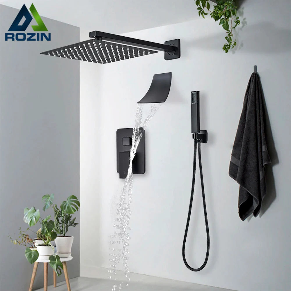 Afralia™ Black Wall Mounted Rainfall Shower System with Tub Spout