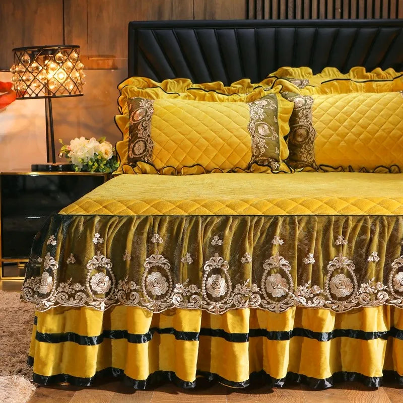 Afralia™ Crystal Velvet Bedspread Set with Super Soft Quilting & Lace Bedskirt