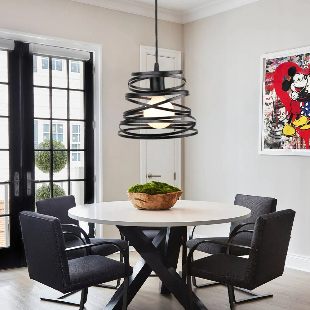 Afralia™ Swirl Spiral Pendant Light Black Iron Retro Loft Industrial Metal Cage Hanging Lamp