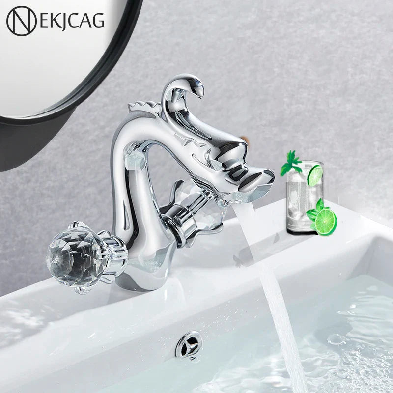Afralia™ Chrome Dragon Crystal Handwheel Basin Faucet: Double Luxe Water Mixer Tap