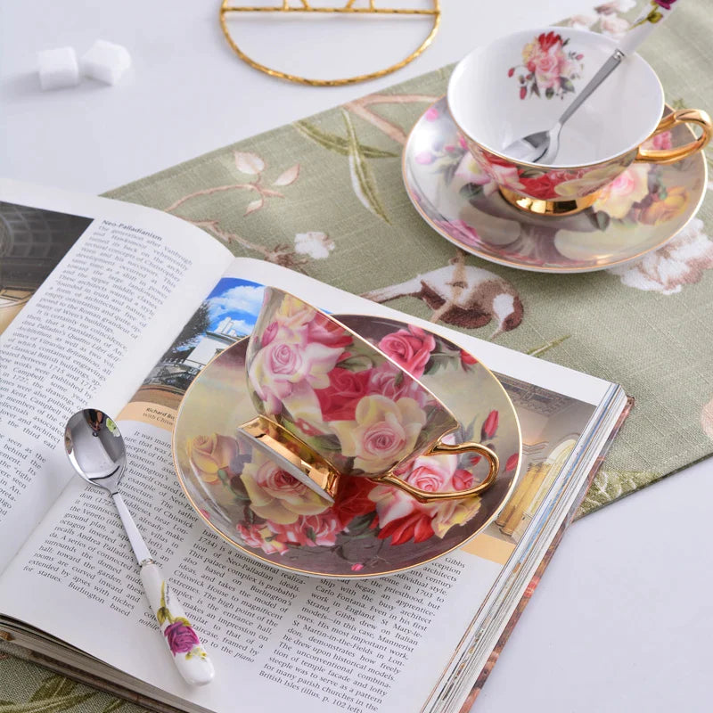Afralia™ Vintage Rose Porcelain Tea Cup Set 200ml British Cafe Afternoon Teacup