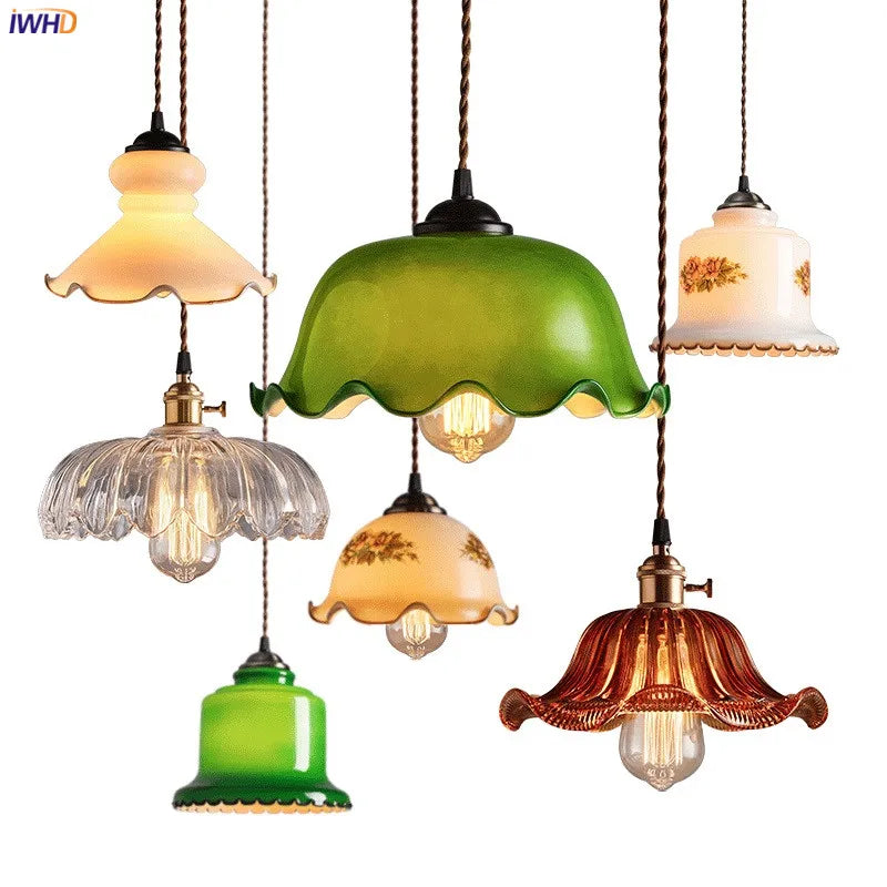 Afralia™ Vintage Green Glass Artistic Pendant Lamp for Bar Restaurant Cafe Retro Lighting