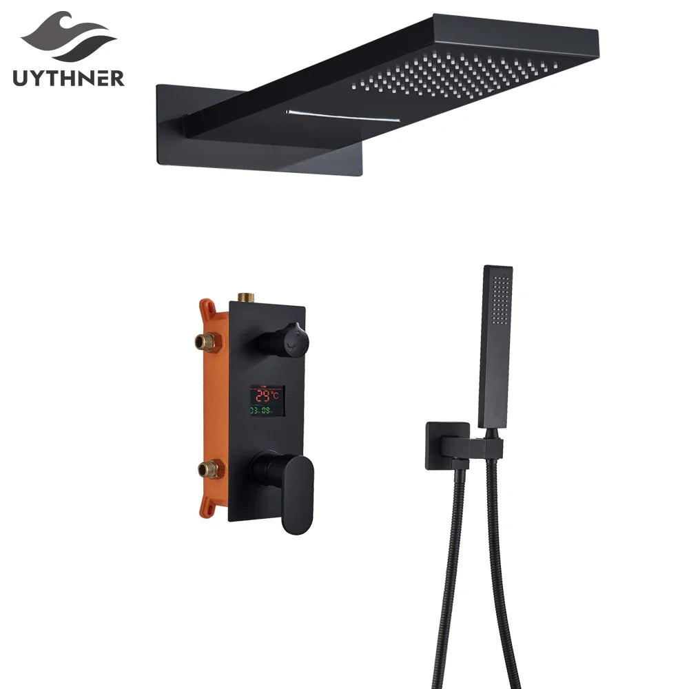 Afralia™ Matte Black LCD Shower Faucet Rain Waterfall Hot Cold Mixer Tap