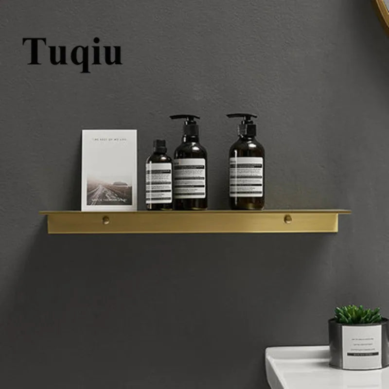 Afralia™ Brushed Gold Bathroom Shelf Wall Mounted Shampoo Holder Rack Aluminum Basket