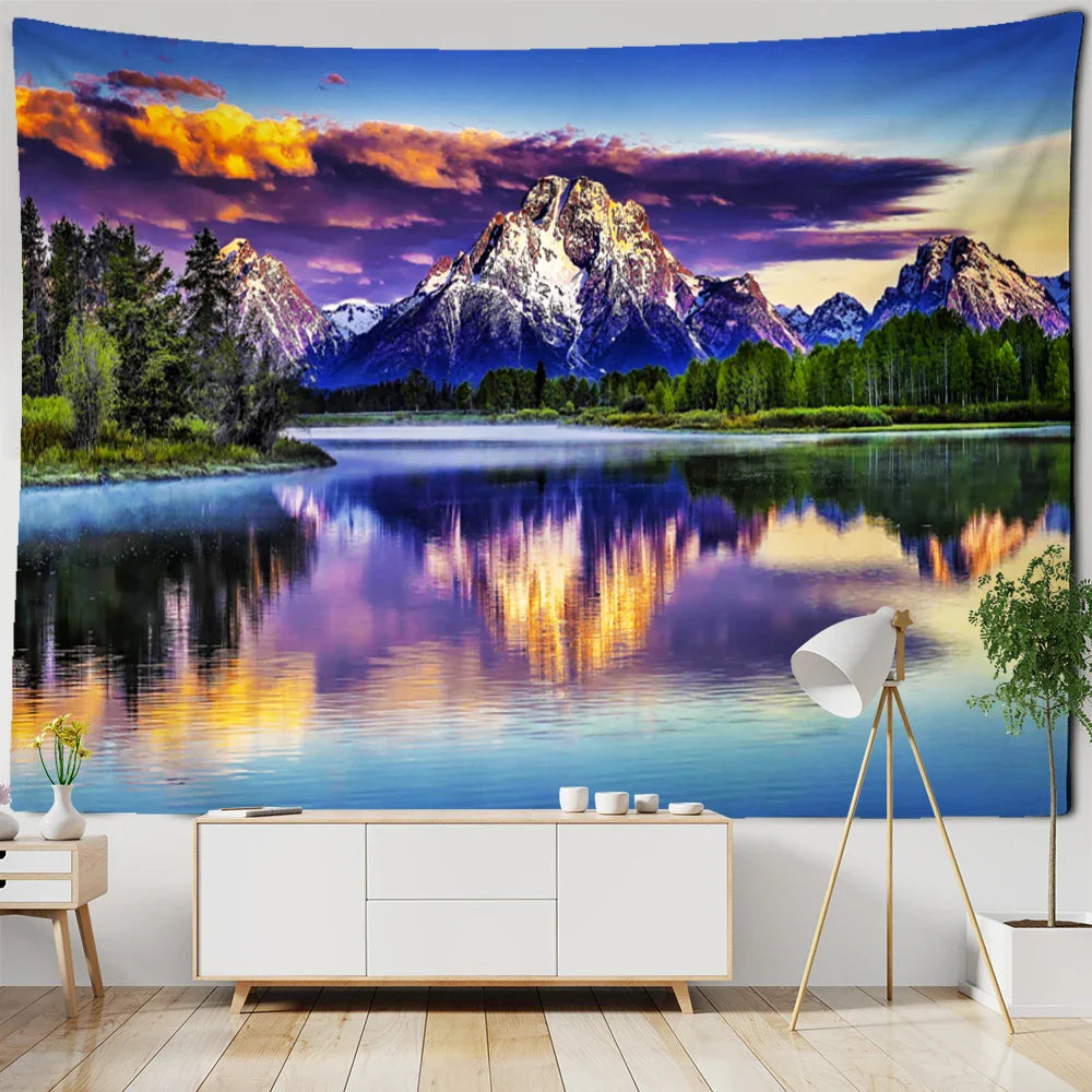 Afralia™ Sunrise Mountains Rivers Tapestry Wall Hanging Psychedelic Home Decor