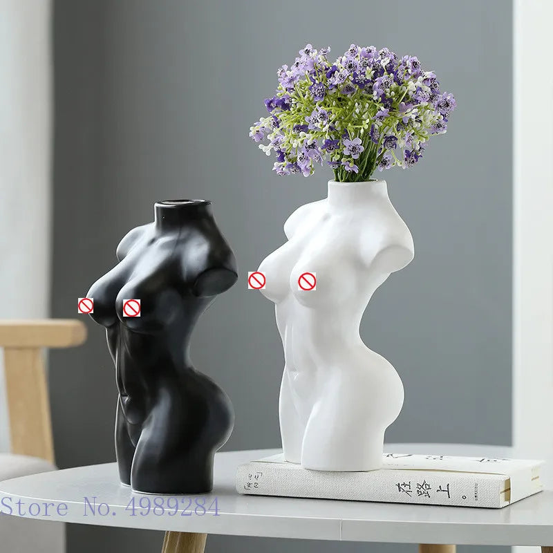 Afralia™ Abstract Nude Female Ceramic Vase Black White Home Decor Ornament