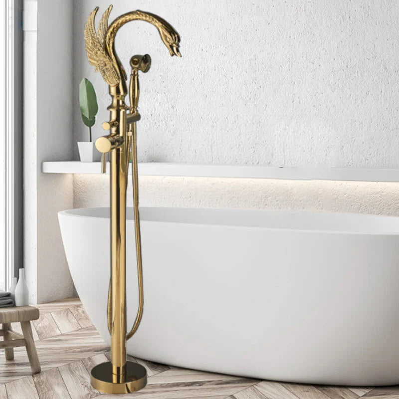 Afralia™ Swan Floor Standing Bathtub Faucet Set - Luxury Gold, Hot & Cold Dual Handles