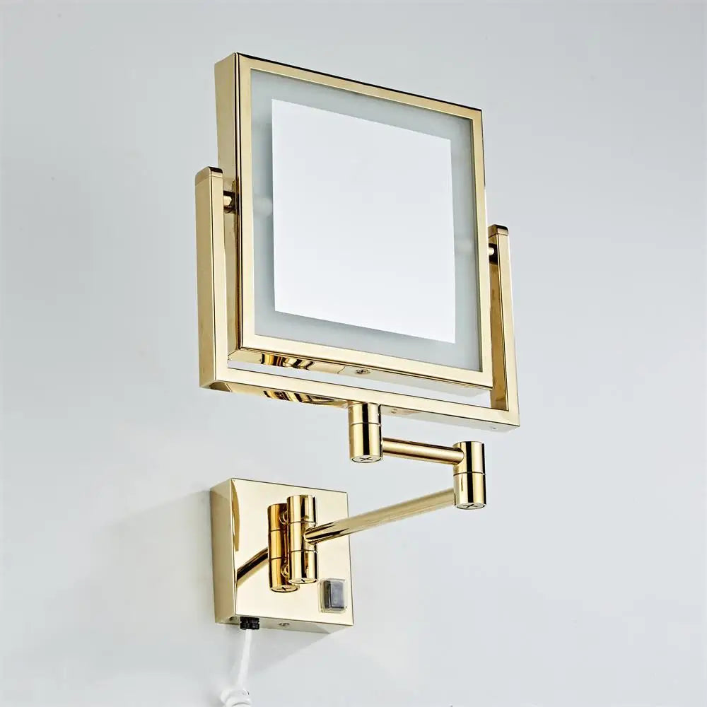 Afralia™ Gold LED Wall Mounted Makeup Mirror 3X/1X Folding Square Cosmetic Mirror