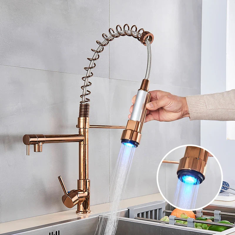 Afralia™ LED Light Rose Gold Kitchen Faucet with Pull Down Spring Swivel Spout