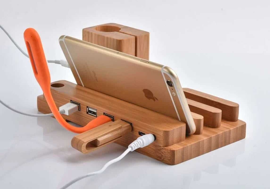 Afralia™ Bamboo Base 3-in-1 Charging Stand for Phone and Watch