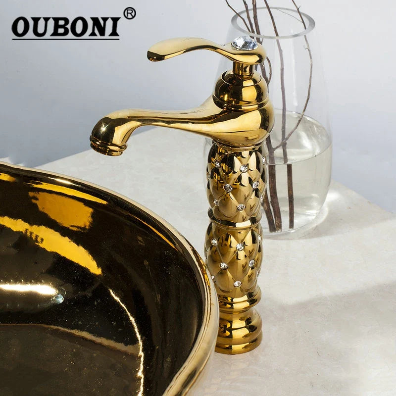 Afralia™ Golden Plated Bathroom Basin Faucet High Short Style Single Handle Sink Mixer Tap