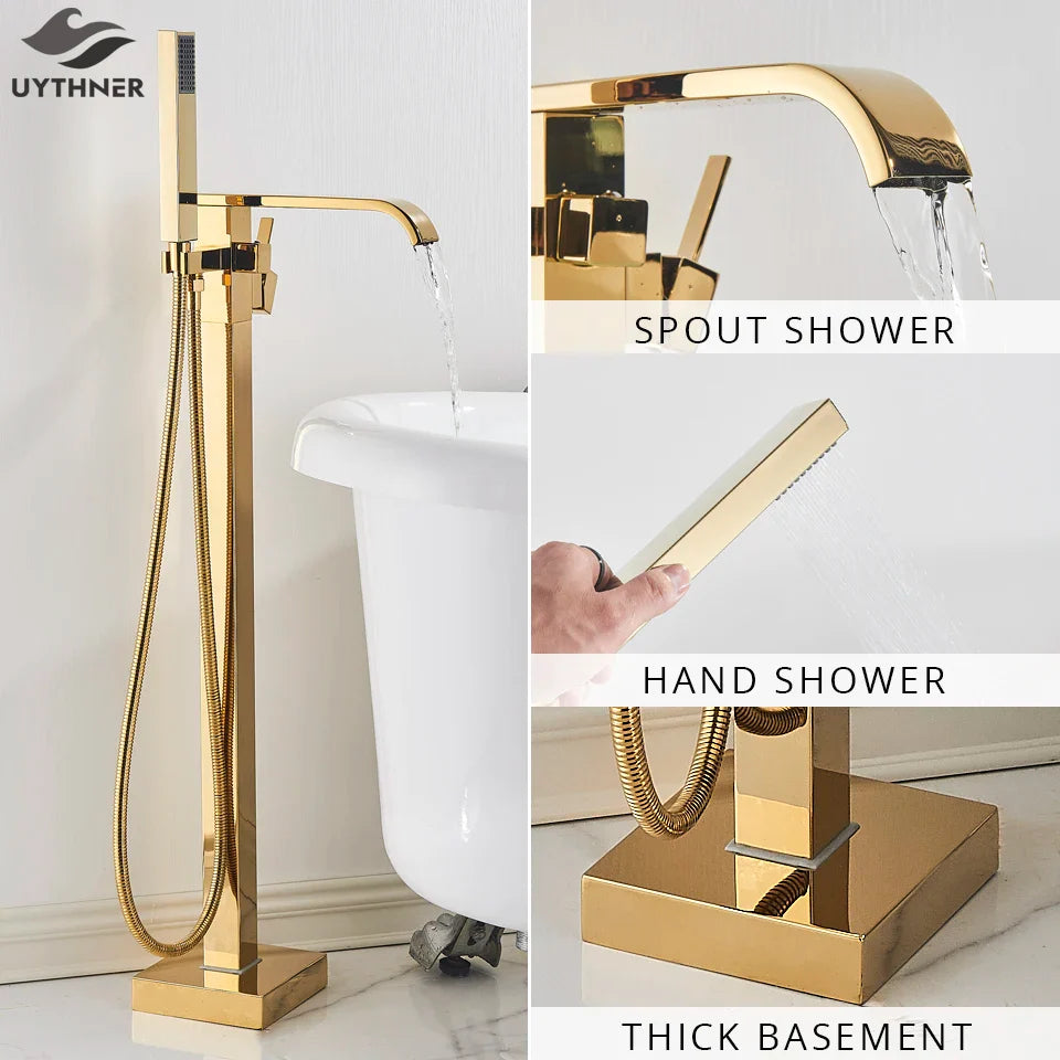Afralia™ Gold Bathtub Faucet Set Hot Cold Water Shower Mixer Tap Waterfall Floor Stand