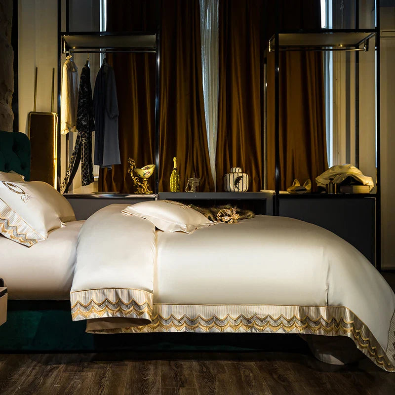 Luxury Brocade & Egyptian Cotton Embroidery Bedding Set by Afralia™ - Queen/King Size